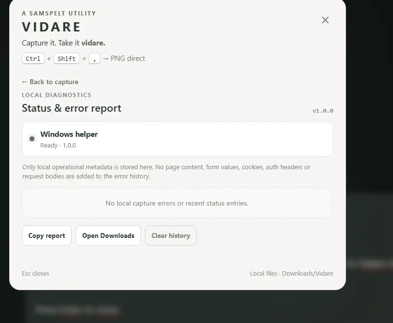 Vidare diagnostics showing successful capability checks