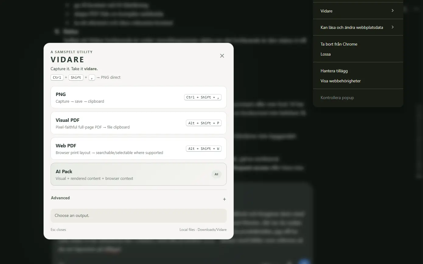 Vidare extension open over a browser page in a controlled runtime session