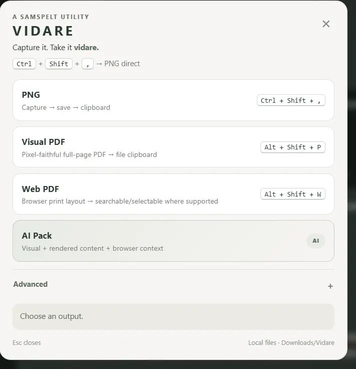 The real Vidare browser extension showing its capture options